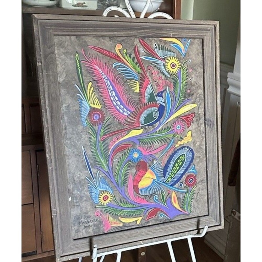 Vintage Mexican Amate Bark FolkArt Gouache Painting Birds Flowers Framed 18 x 20
